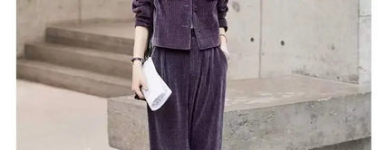 Fashionable Corduroy Set Women's Autumn Winter New Style Elegant Lady Fragrance Wind Coat Wide Leg Pants Two Piece Suit
