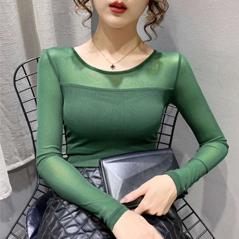 Autumn Winter Round Neck T shirt Women Sexy Mesh Bottoming Shirt Long Sleeve Solid Color Slim Fit Long Sleeve Casual Tops