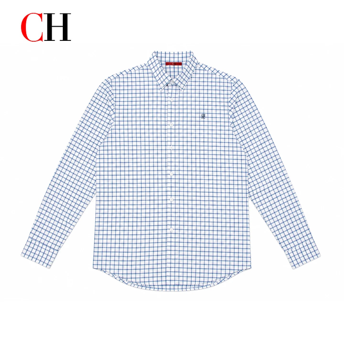 CH Men's Blue Plaid Long Sleeve Shirt Lapel Collar Embroidery Logo Cotton Shirts Business Formal Casual Daily Wear Button Down
