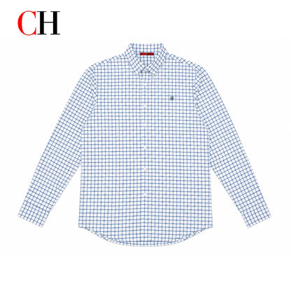 CH Men's Blue Plaid Long Sleeve Shirt Lapel Collar Embroidery Logo Cotton Shirts Business Formal Casual Daily Wear Button Down