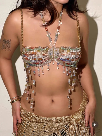 Women's Beading Vest Hollow Out Tops Body Beachwear Lingerie Harness Beaded  Bralette Neck Bra Bustier Bra Women Club Rave