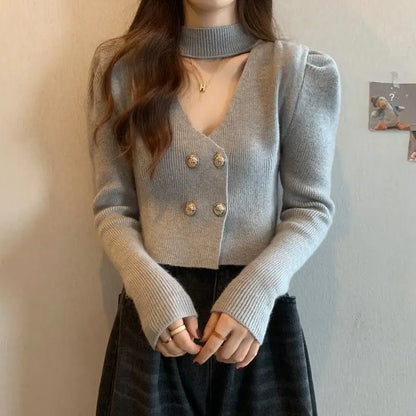 Elegant V-Neck Bubble Sleeve Knitwear Short Top Fashion Trend Neck Hanging Style Girl's French Style Slim Fit Long Sleeve Autumn