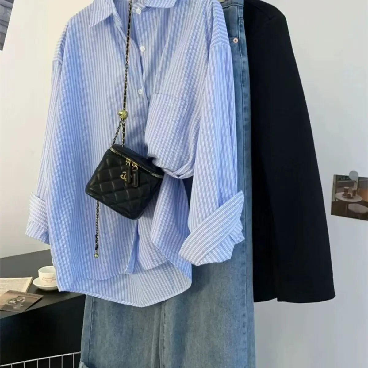 Retro Lazy Sle Blue Striped Women's Long Sve irt Spring Autumn Design Sense Small ence Outerwear Blouse