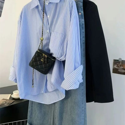 Retro Lazy Sle Blue Striped Women's Long Sve irt Spring Autumn Design Sense Small ence Outerwear Blouse