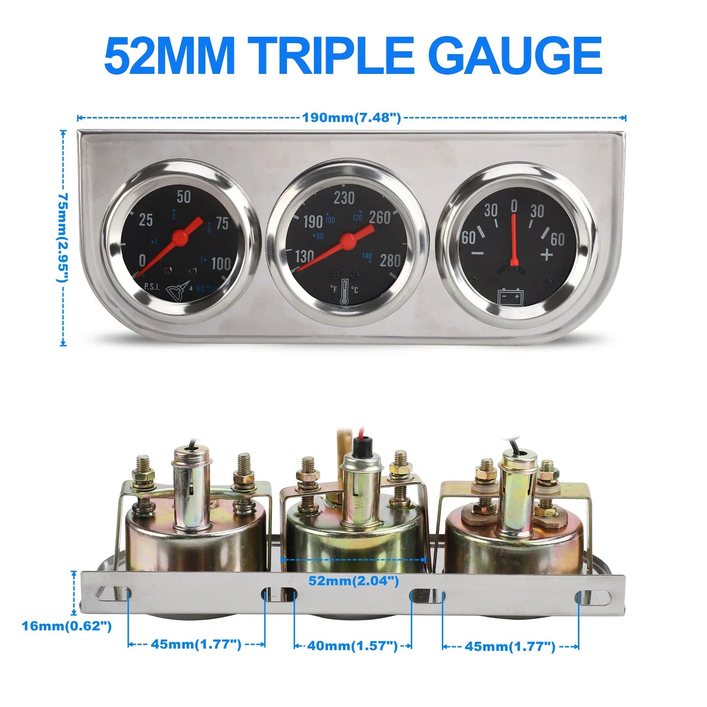 2" 52mm Chrome Panel Oil Pressure Water Temp Amps Triple Gauge Set Black white Face Volt meter