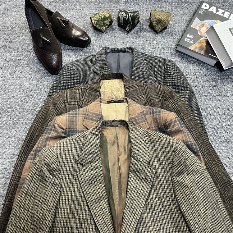 Vintage Unisex Woolen Suit Jacket Simple Casual Plaid Retro Style Warm Windproof Interview Commuting Business Casual Wear
