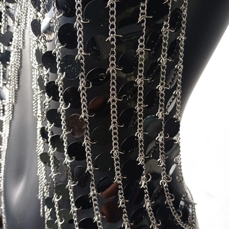AKYZO Sequined Crop Tops for Women Metal Chain Tassel Nightclub Dance Wear Party Burning Outfits Plastic Tank Top Sexy Festival