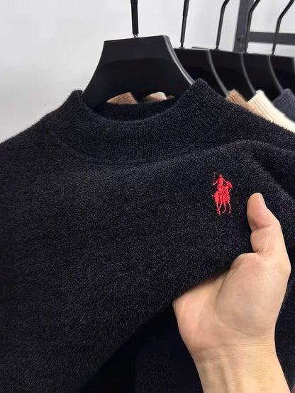 High end brand velvet sweater men's new designer fashion exquisite pony embroidery winter thick warm round neck knitted pullover