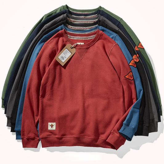 Round neck hoodless sweater for men 300g plush cotton solid color simple long sleeve spring and autumn Pullover Sports Top