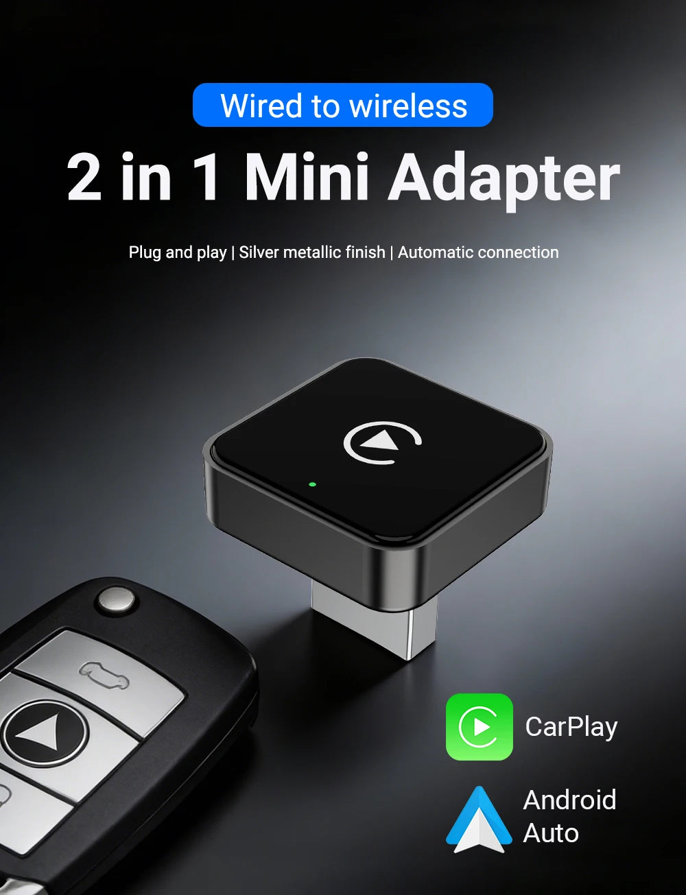 Smart 2in1 CarPlay Android Auto Adapter, Universal Mini Wireless Dongle for Car Entertainment System, Plug and Play Upgrade Wire