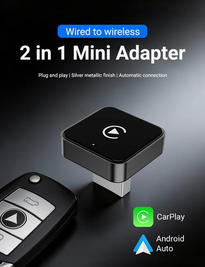 Smart 2in1 CarPlay Android Auto Adapter, Universal Mini Wireless Dongle for Car Entertainment System, Plug and Play Upgrade Wire