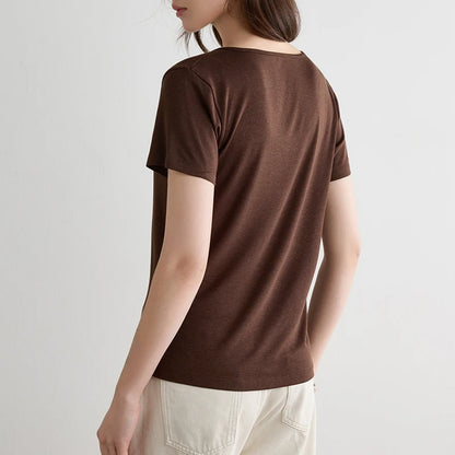 Women Lyocell T Shirt U Neck Short Sleeve Summer Slim Fit Basic Casual Top