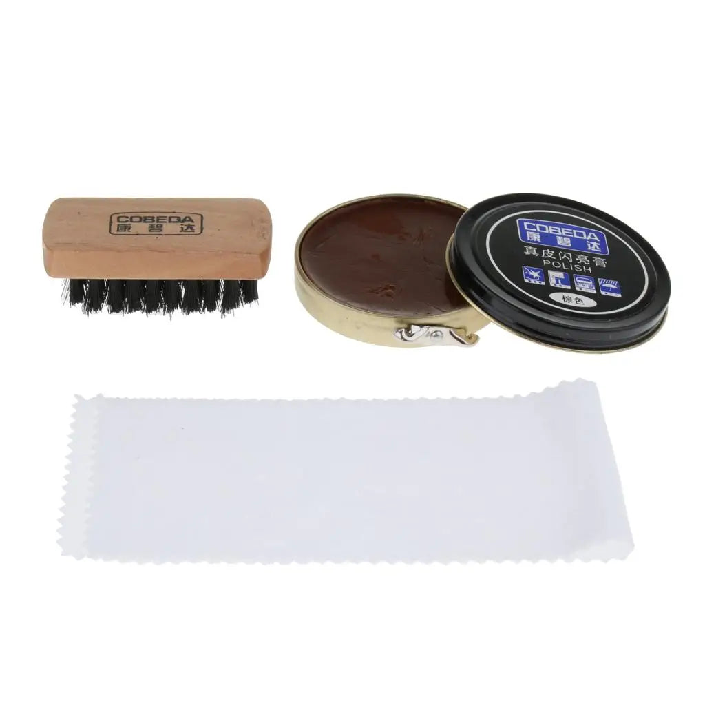 3 Pieces Black Brown Leather Shoes Shine Boots Polish Brush Cream Cloth