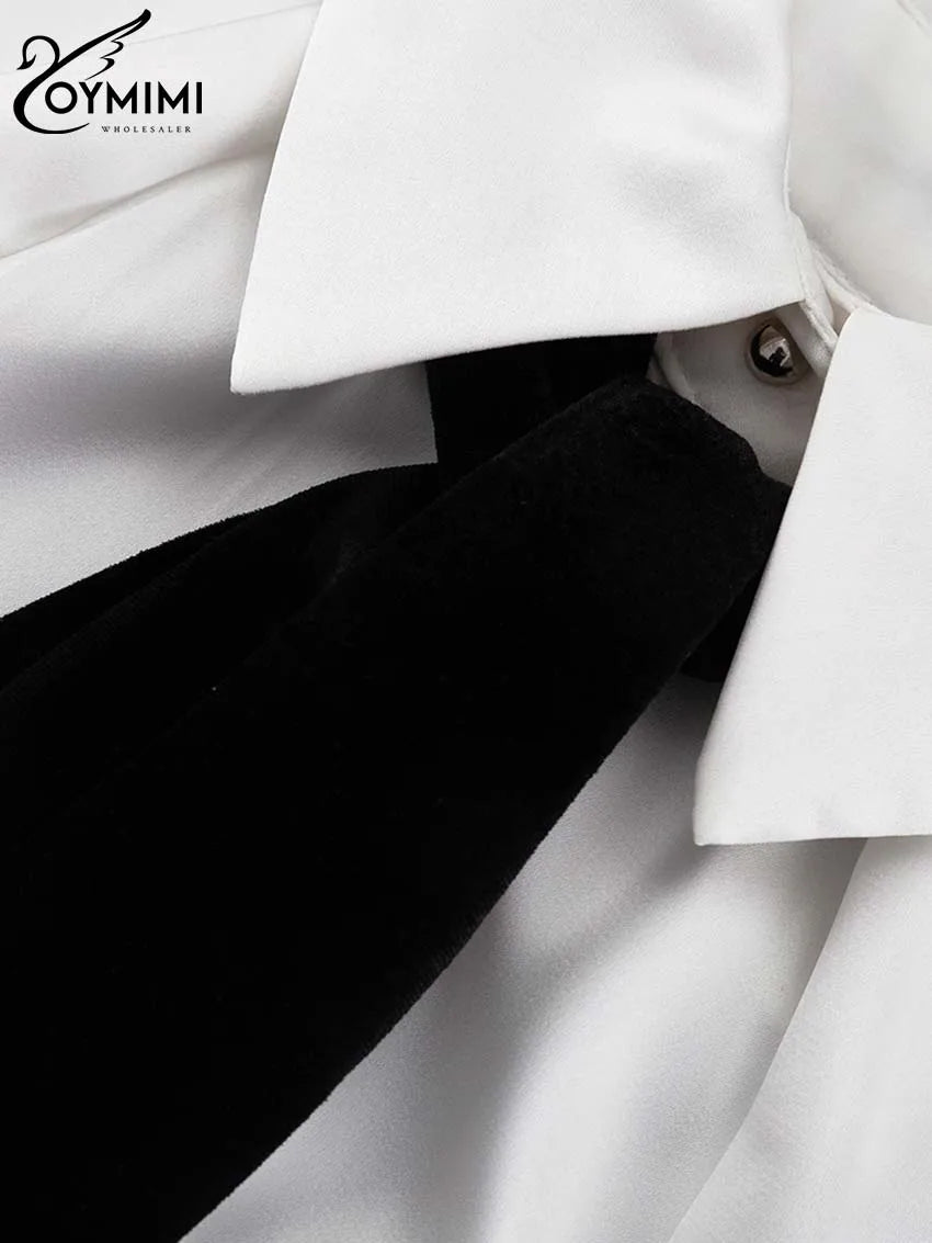 Oymimi Elegant White Patchwork Women's Shirt Fashion Lapel Long Sleeve Shirts Casual Necktie Off The Shoulder Button Blouses
