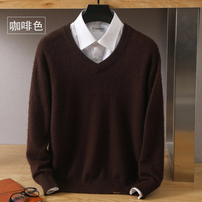 100% Pure Mink Cashmere Sweater Men's V-Neck Pullovers Knit Large Size Mink Sweater Winter New Long Sleeve High-End Jumpers Tops