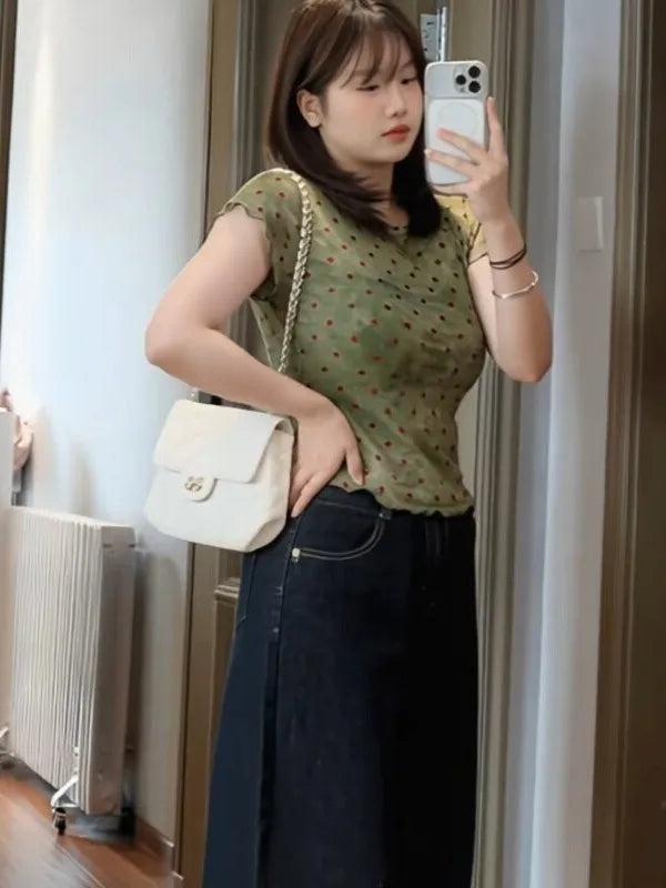 plus Size Women's American Retro Polka Dot Short Sleeve T-Shirt Slimming Top Wood Grain  Spring Summer New Style