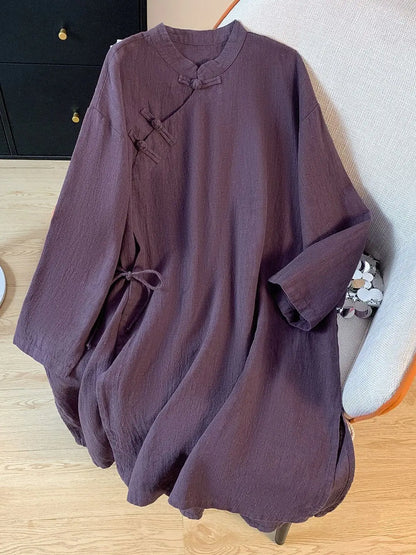 New Chinese Style Cotton Linen Women's Shirt Long Sleeve Button up Stand Collar Loose Fit Commute Fashion Mid-Length Coat