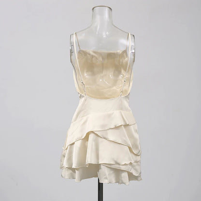 TWOTWINSTYLE Spliced Ruffles Slimming Dresses for Women Strapless Sleeveless High Waist Dress Patchwork Shawl Dress Female