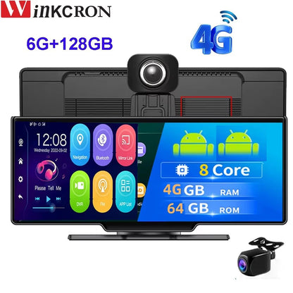 10.26 inch Car GPS Navigation 4G Android 12 ADAS Dash Camera Recorder 4G+64GB ROM WiFi ADAS BT Dual Lens Night Version