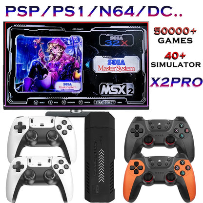 The X2 Pro video game console comes with 50,000 retro games and over 40 emulators, and is compatible with PS1/N64/PSP.