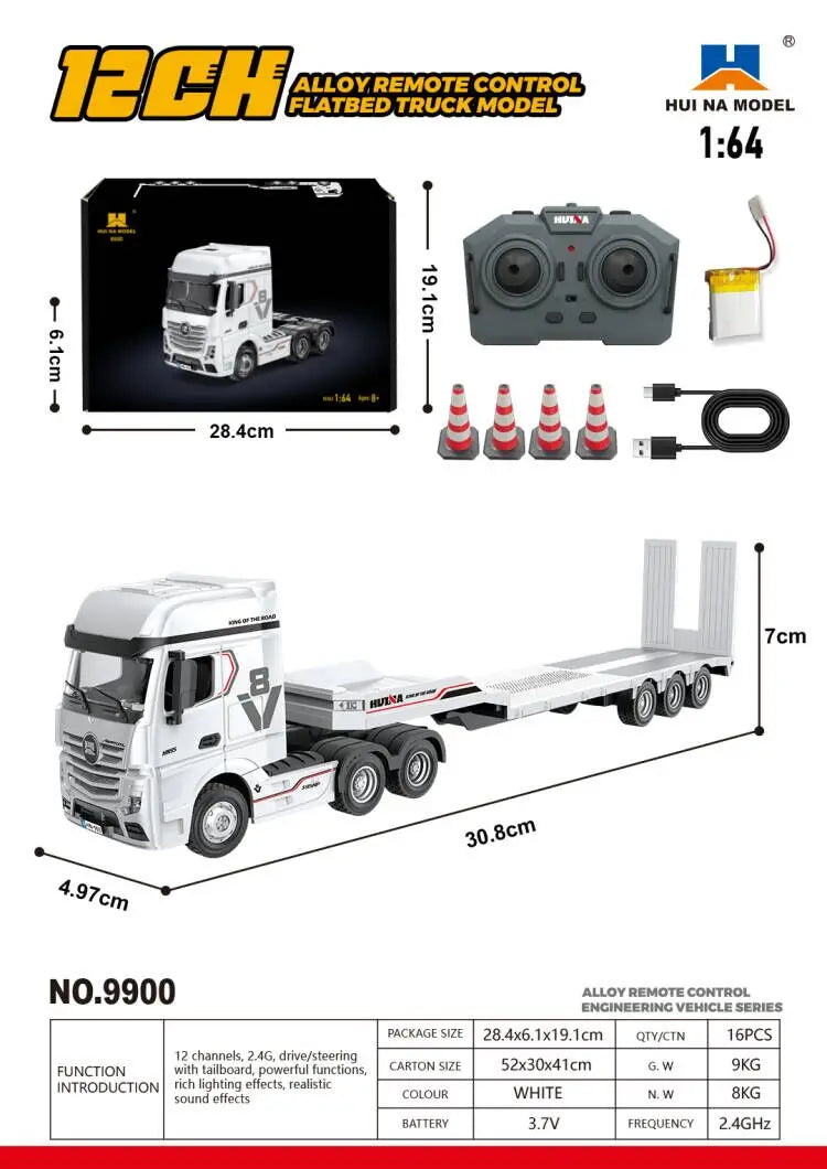 New 1:64 Huina 9900 Rc Truck Flatbed Tractor Truck 12-Channel Rc Car Mini With Light 2.4g Proportional Precise Control Toy Gifts