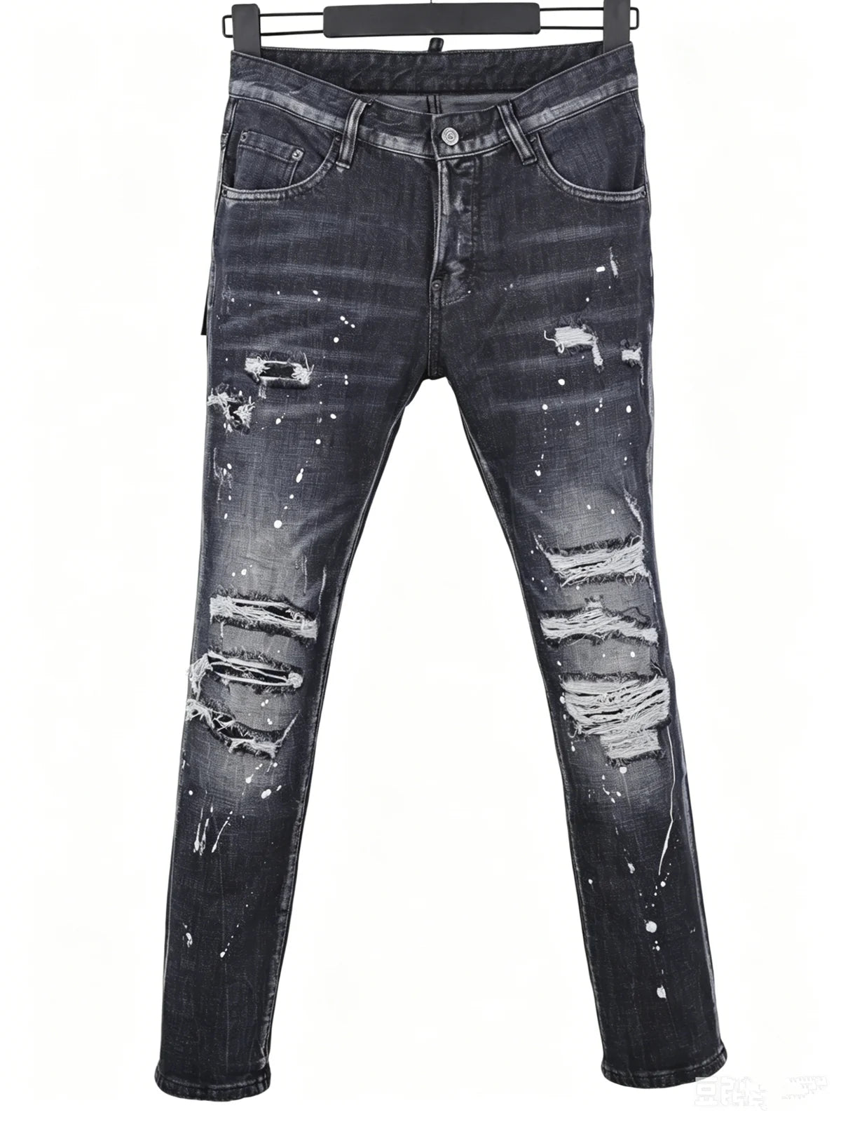 6058 Four Seasons New Men's Wash Grinding Hole Patch Paint Splash Ink Micro-bullet Leg Grey Jeans for Men