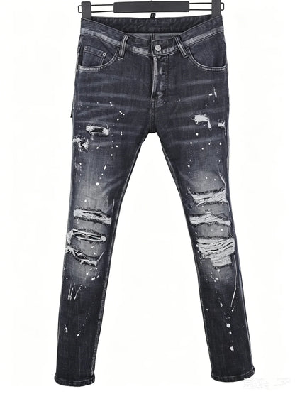 6058 Four Seasons New Men's Wash Grinding Hole Patch Paint Splash Ink Micro-bullet Leg Grey Jeans for Men