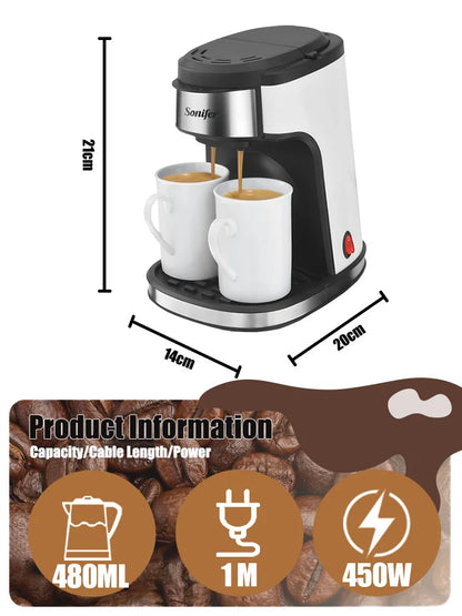Sonifer 2-Cup Drip Coffee Maker SF-3540 (240ml), 450W, Includes 2 Porcelain Mugs, Reusable Filter, One-Touch Control