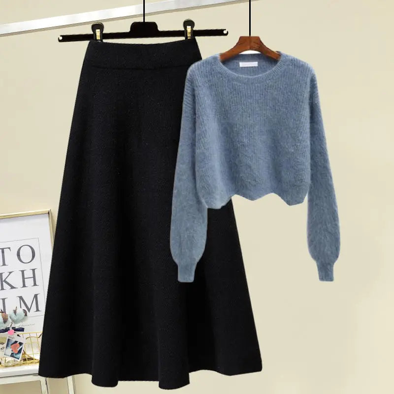 plus Size Women's Autumn Winter Knitted Sweater White Half-length Skirt Two-piece Set Slimming Concealing Anti-aging