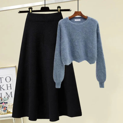 plus Size Women's Autumn Winter Knitted Sweater White Half-length Skirt Two-piece Set Slimming Concealing Anti-aging
