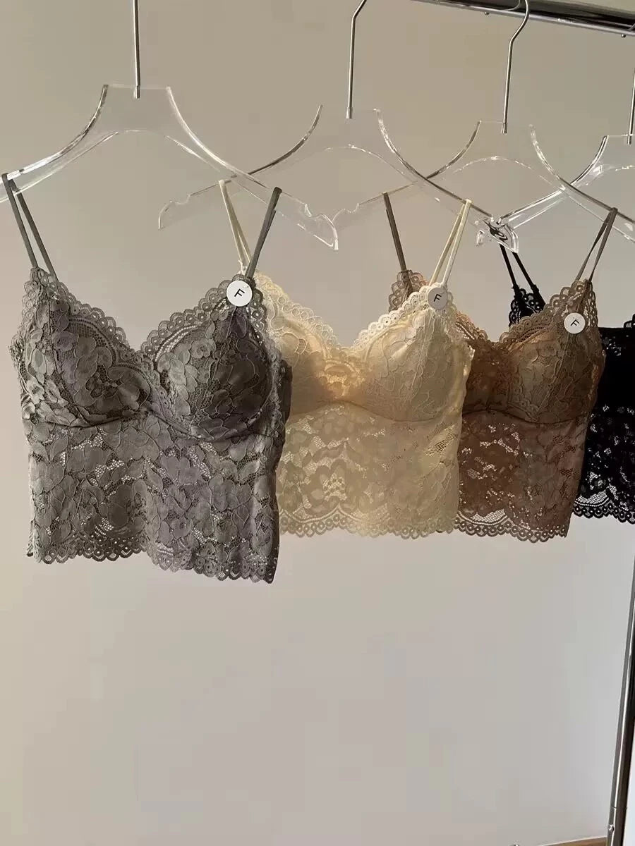 Lace Strap Women's Integrated Fixed Cup Sexy Back Vest Top Short Inner Wear Tank Top Bralette Comfortable Breathable Nylon