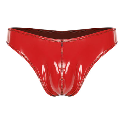 Men Wet Look PU Micro Briefs Low Rise Bugle Pouch Underwear Leather Underpants Beach Mini Bikini Bathing Suit Nightwear Clubwear