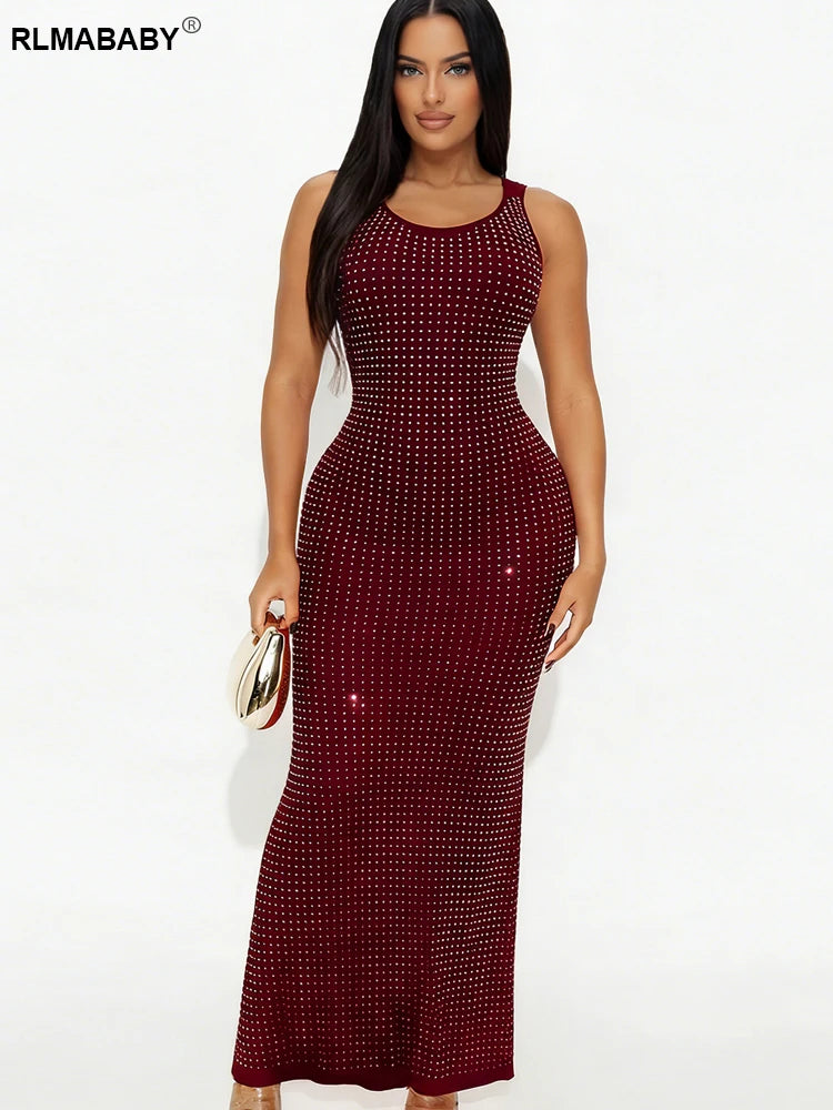 RLMABABY Sexy Swinging Collar Diamond Women Club Bodycon Dress Sleeveless Backless Evening Party Long Prom Dress