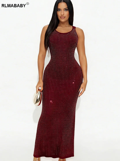 RLMABABY Sexy Swinging Collar Diamond Women Club Bodycon Dress Sleeveless Backless Evening Party Long Prom Dress