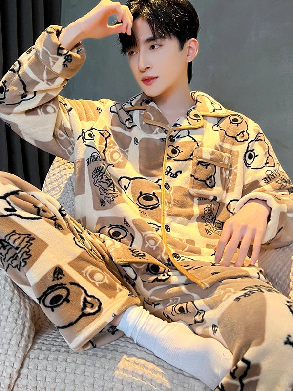 Men's Sleepwear Coral Fleece Flannel Thick Warm Cardigan Home Clothes Autumn Winter Long Sleeve Button up Comfortable Pajamas