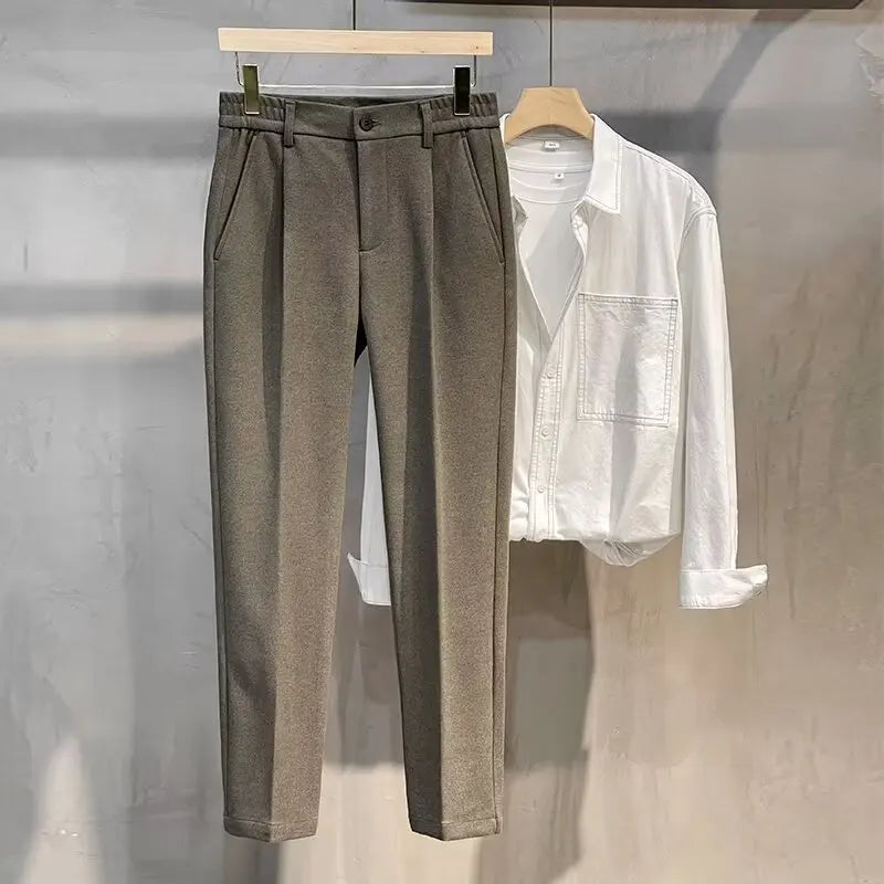 Men's Woolen Straight Leg Thickened Casual Trousers Fashionable Autumn Winter Style mid Waist Pure Color Anti-Wrinkle