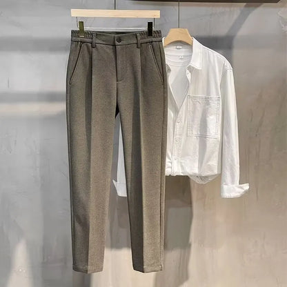 Men's Woolen Straight Leg Thickened Casual Trousers Fashionable Autumn Winter Style mid Waist Pure Color Anti-Wrinkle