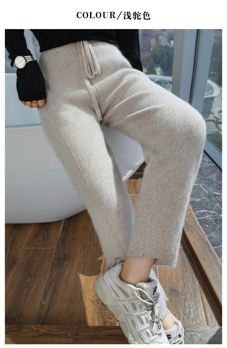 100% mink wool knitted high-waisted pencil pants women's casual autumn and winter new warm solid color thick cashmere pants