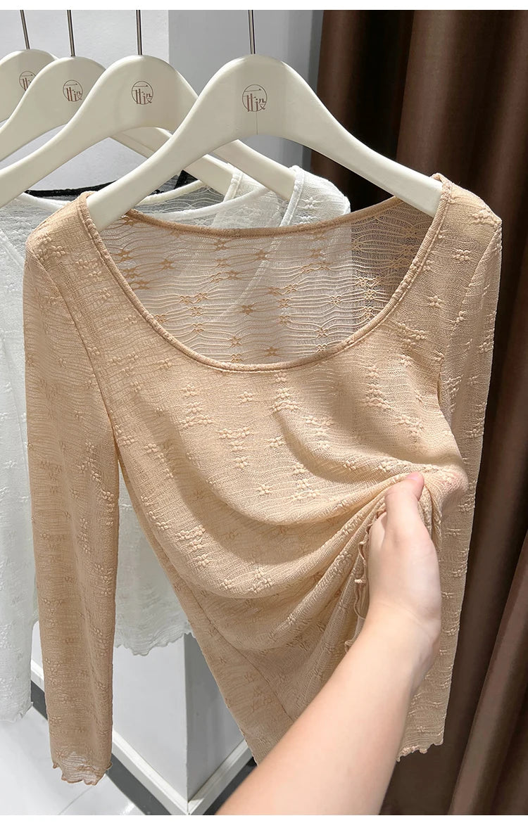 Sexy Lace Base Shirt Inner Wear Light Mesh Top Floral Trim Shoulder Exposure Thin Nylon Fabric Long Sleeve round Neck Spring ...
