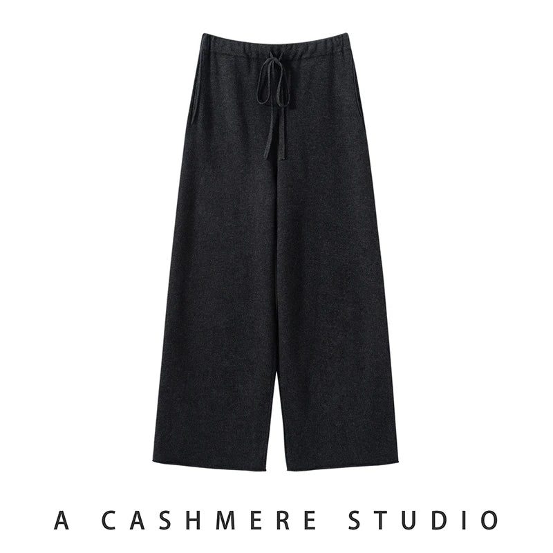 Ladies 100% Cashmere Knitted Wide Leg Pants Casual Solid Color Loose Fit Elastic Waist Floor-Length Poc Matching Pants