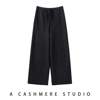 Ladies 100% Cashmere Knitted Wide Leg Pants Casual Solid Color Loose Fit Elastic Waist Floor-Length Poc Matching Pants