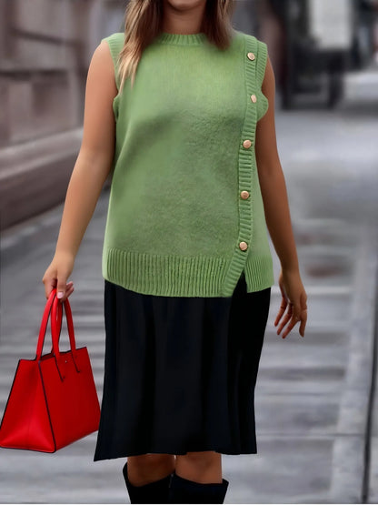 Plus Size Women Casual Solid Crew Neck Knit Tank Top, Spring Autumn All-match Wear