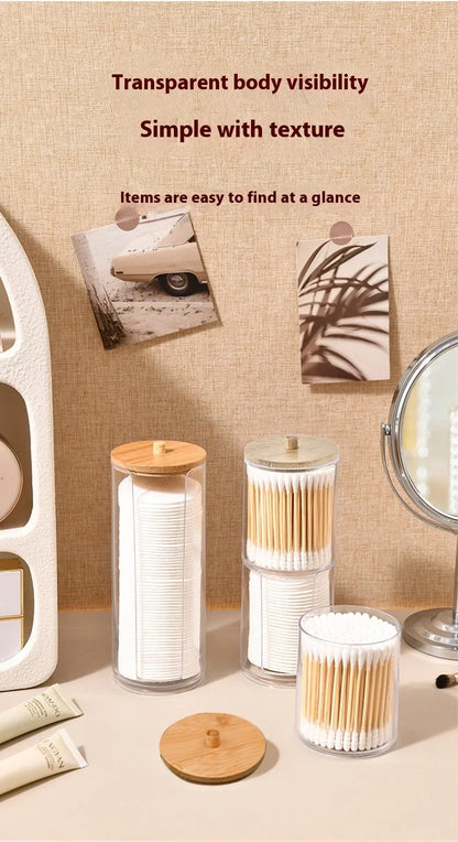 1pcs Cotton Swab Storage Box Acrylic Jar Makeup Organizer, Cotton Round Pad Holder, Q-tip Dispenser with Bamboo Lid
