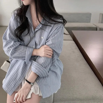 Early Autumn Versatile Loose Striped Long Sleeve Shirt Top Women's Fashion Comfortable Fit Striped Patterned Casual Shirt