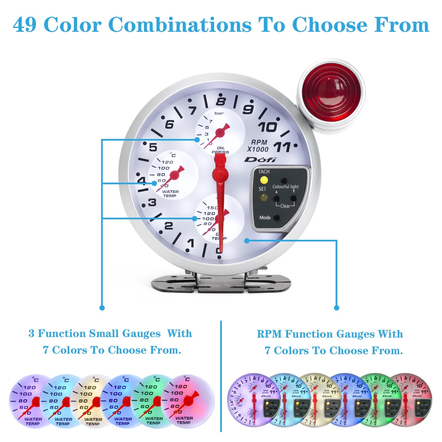 DOFI 5"  4-in-1 Car Gauge Set Tachometer Water Temperature Oil Temperature Oil Pressure Gauges Multifunctional Gauge with Alarm