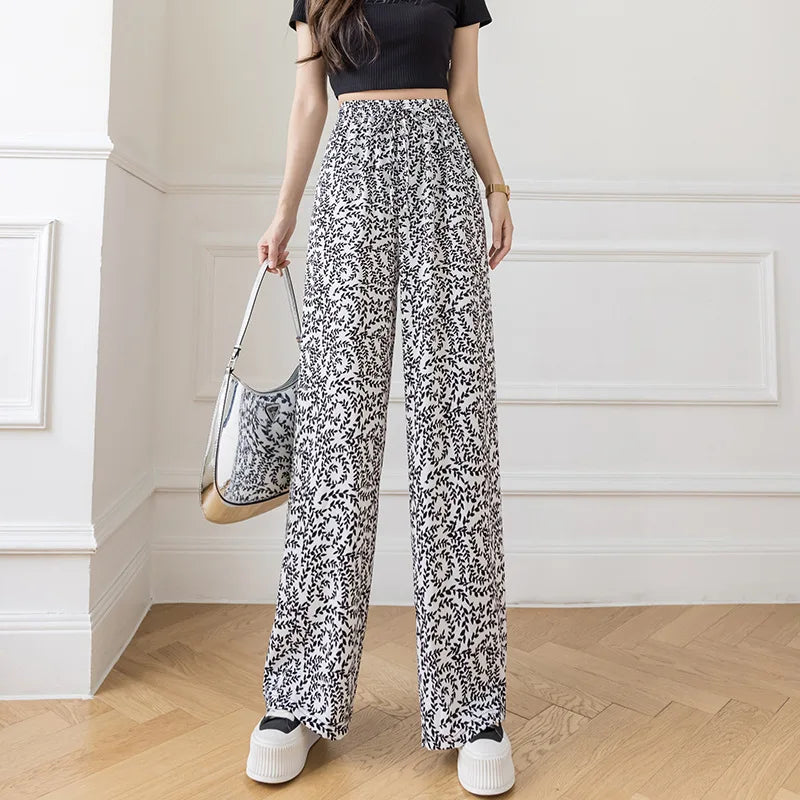 Summer Casual Loose Wide Leg Pants Women's Tie Dye Ink Ice Silk Loose Leopard Print Ethnic Style Long Pants Casual Trousers