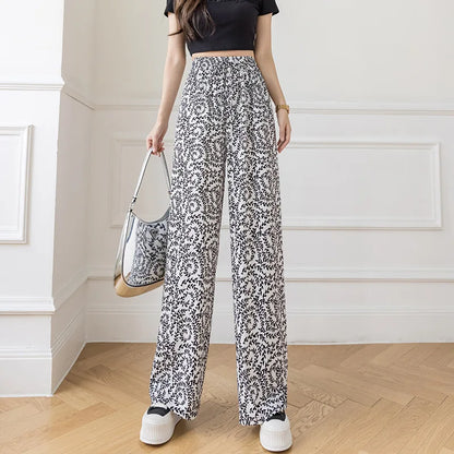 Summer Casual Loose Wide Leg Pants Women's Tie Dye Ink Ice Silk Loose Leopard Print Ethnic Style Long Pants Casual Trousers