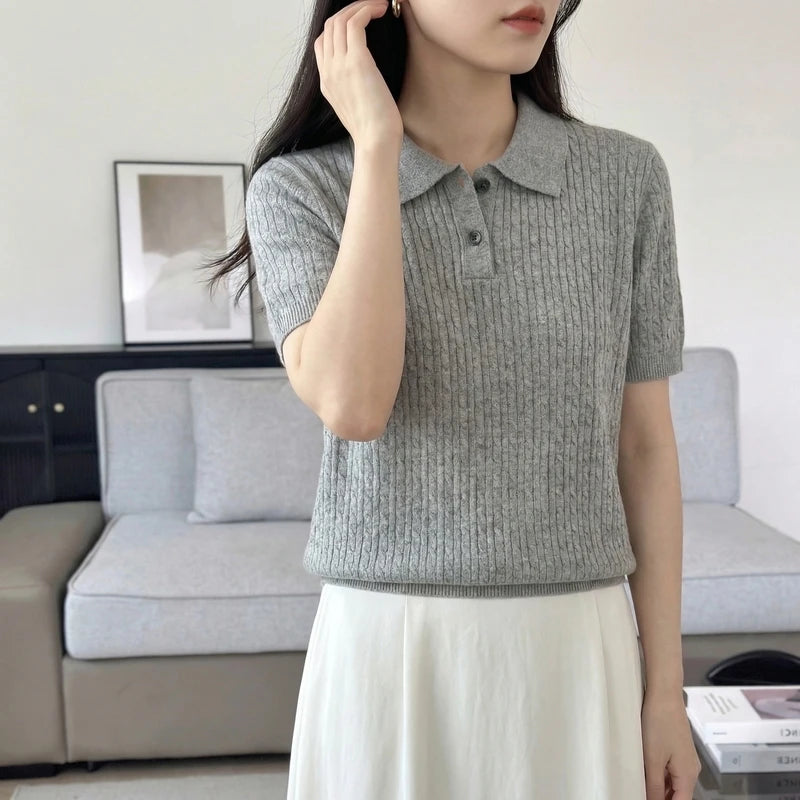 Spring Summer Breathable Pure Cotton Polo Shirt Women's Half Sleeve Loose Knitted Top Casual Versatile Summer Wear A3032122