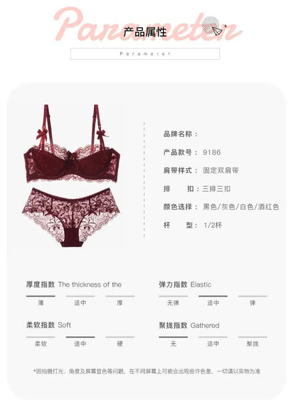 Sexy French Lace Push Up Bra Set for Small Chest, Anti Sagging Half Cup Demi Bra & Panty Lingerie Set, Sheer Adjustable Straps