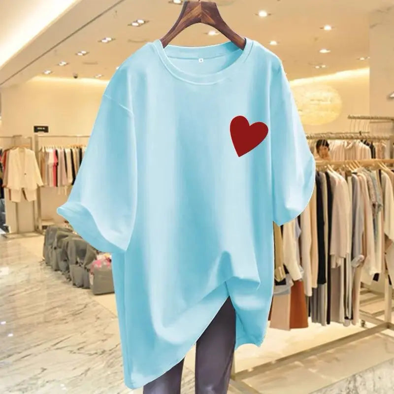 Women Fashion Pure Cotton Love Printing T-shirts Summer Casual Versatile O-neck Short Sleeve Top Tee Office Lady Basic Pullovers